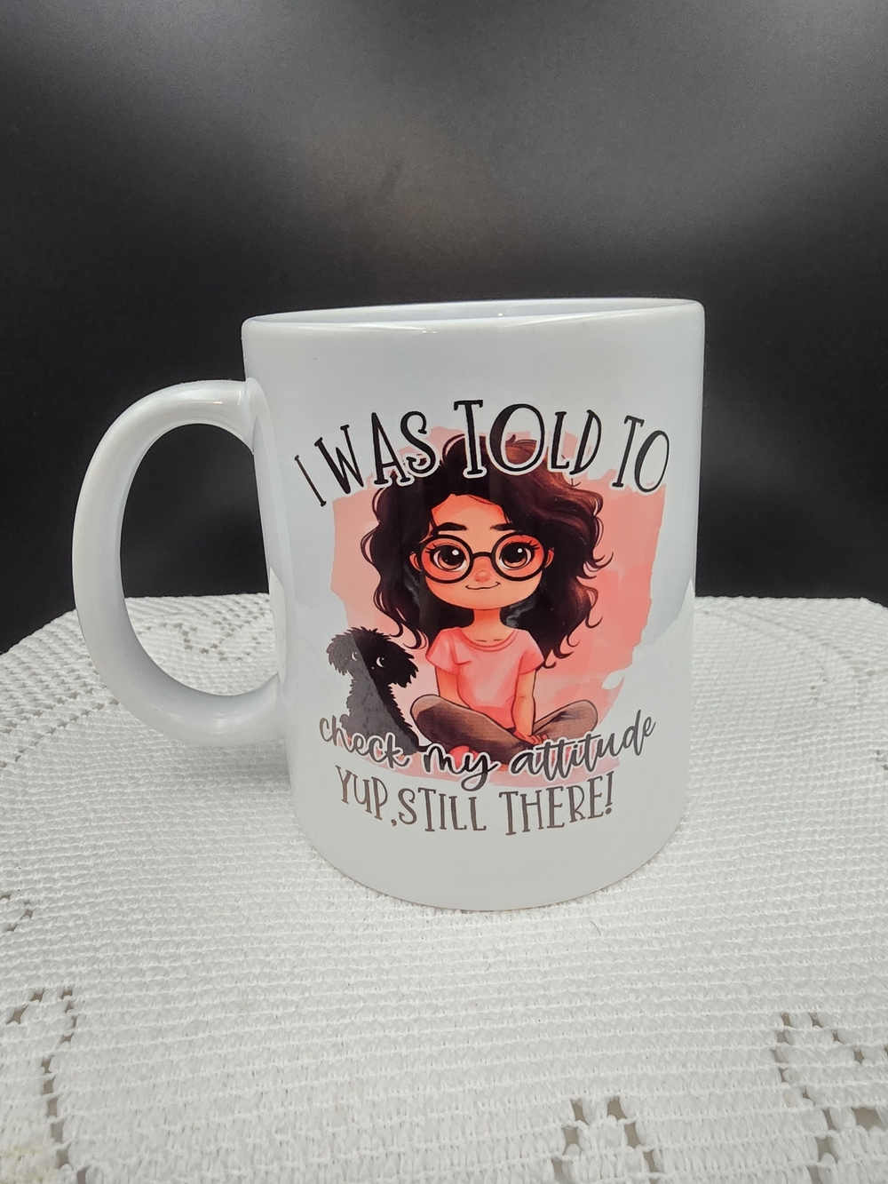 White Ceramic Mug with Pink Accent and Playful Quote